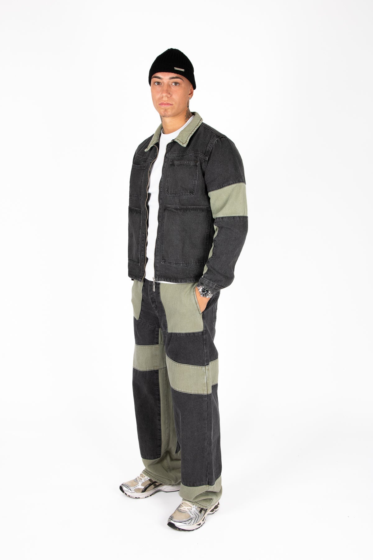 Rider Biker Panelled Denim Jacket in Khaki & Black - Liquor n Poker