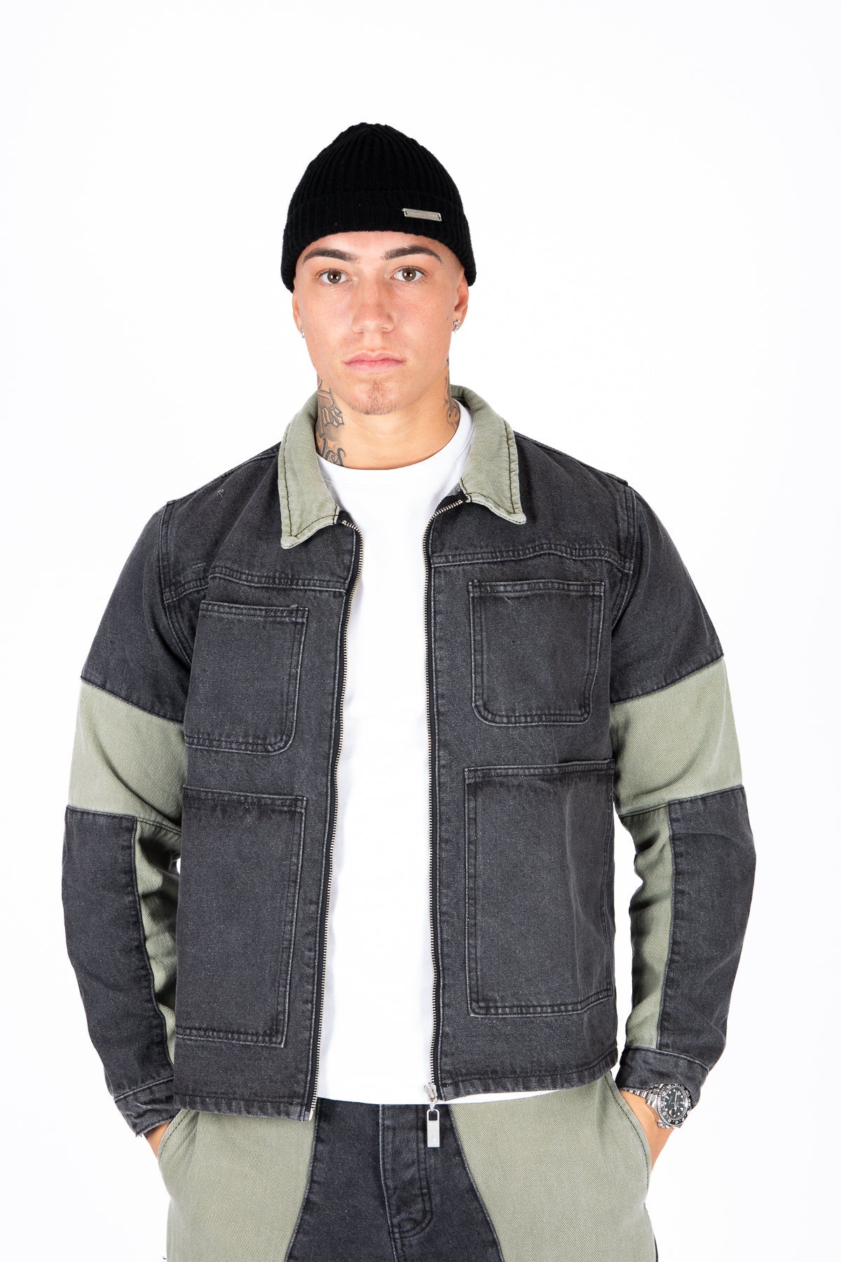 Rider Biker Panelled Denim Jacket in Khaki & Black - Liquor n Poker