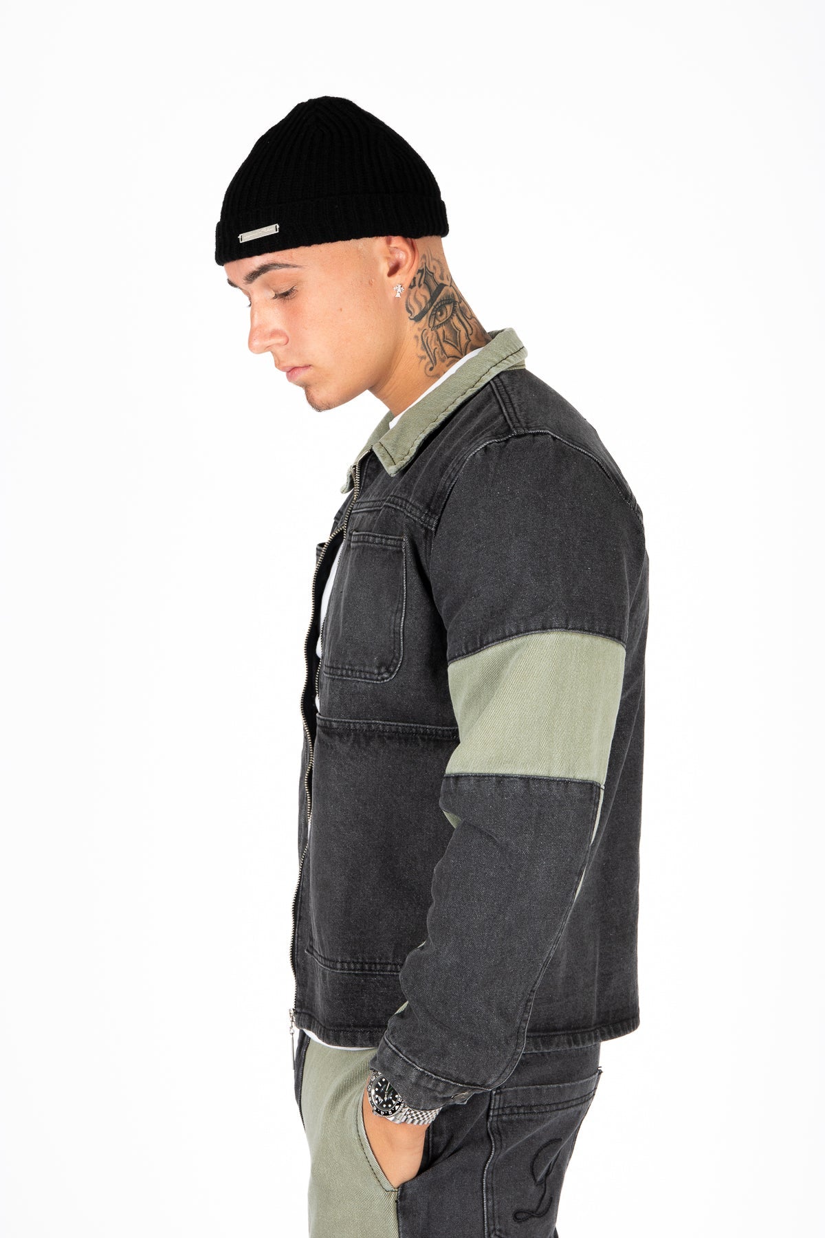 Rider Biker Panelled Denim Jacket in Khaki & Black - Liquor n Poker