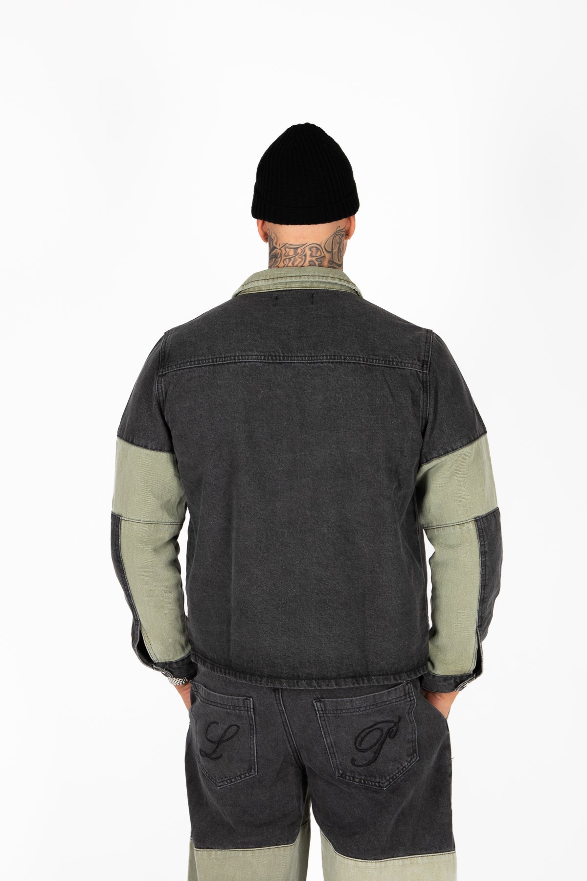 Rider Biker Panelled Denim Jacket in Khaki & Black - Liquor n Poker