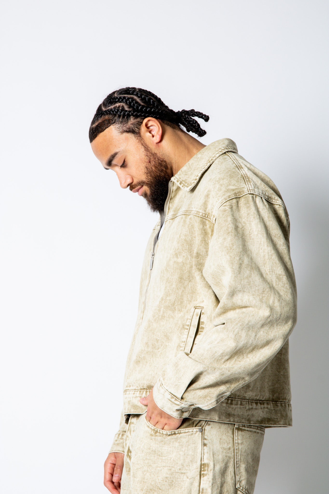 RIDER - Relaxed Zip‑Up Acid Wash Beige Denim Jacket - Liquor n Poker