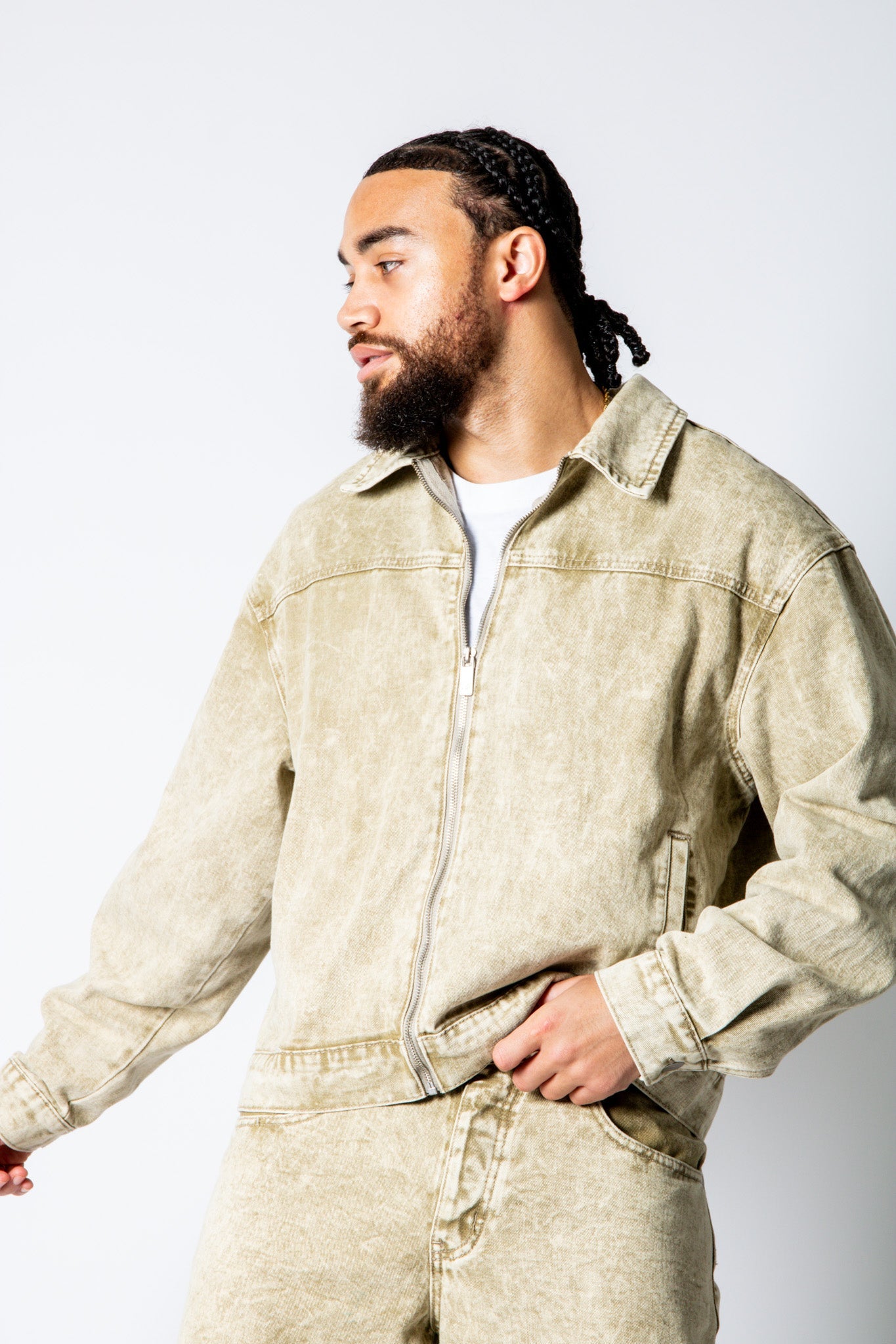 RIDER - Relaxed Zip‑Up Acid Wash Beige Denim Jacket - Liquor n Poker