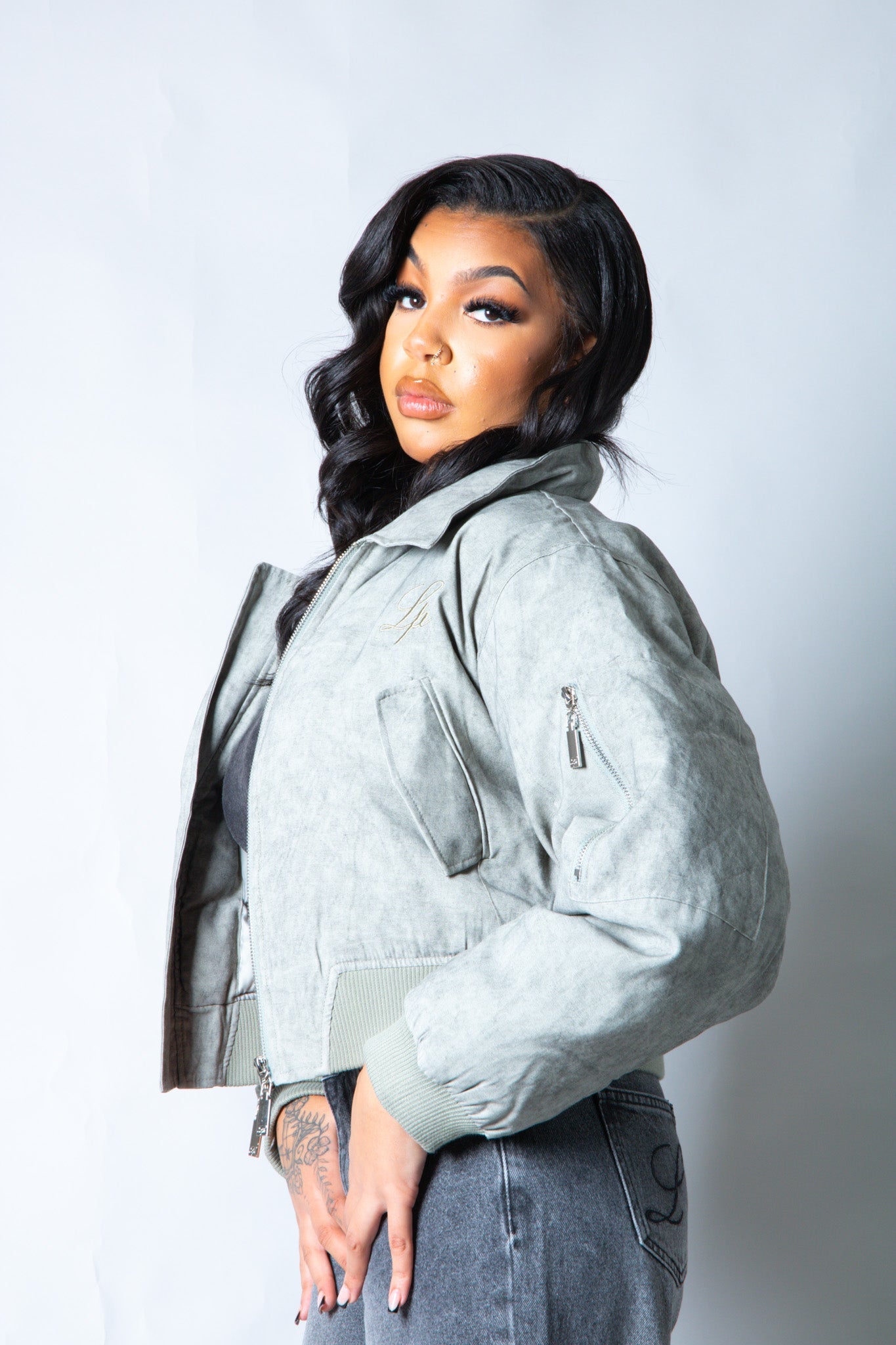 Roxy Oversized Nylon Bomber Jacket in Grey - Liquor n Poker
