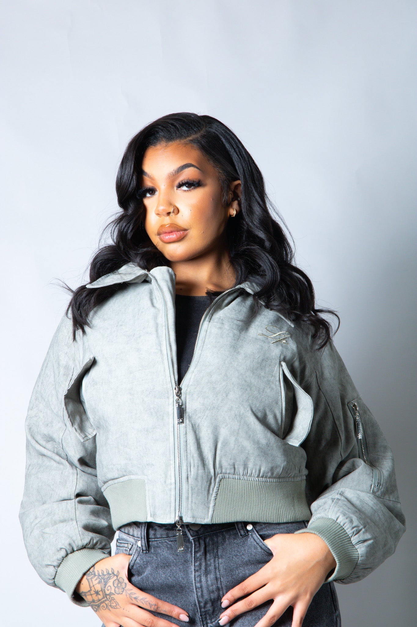 Roxy Oversized Nylon Bomber Jacket in Grey - Liquor n Poker