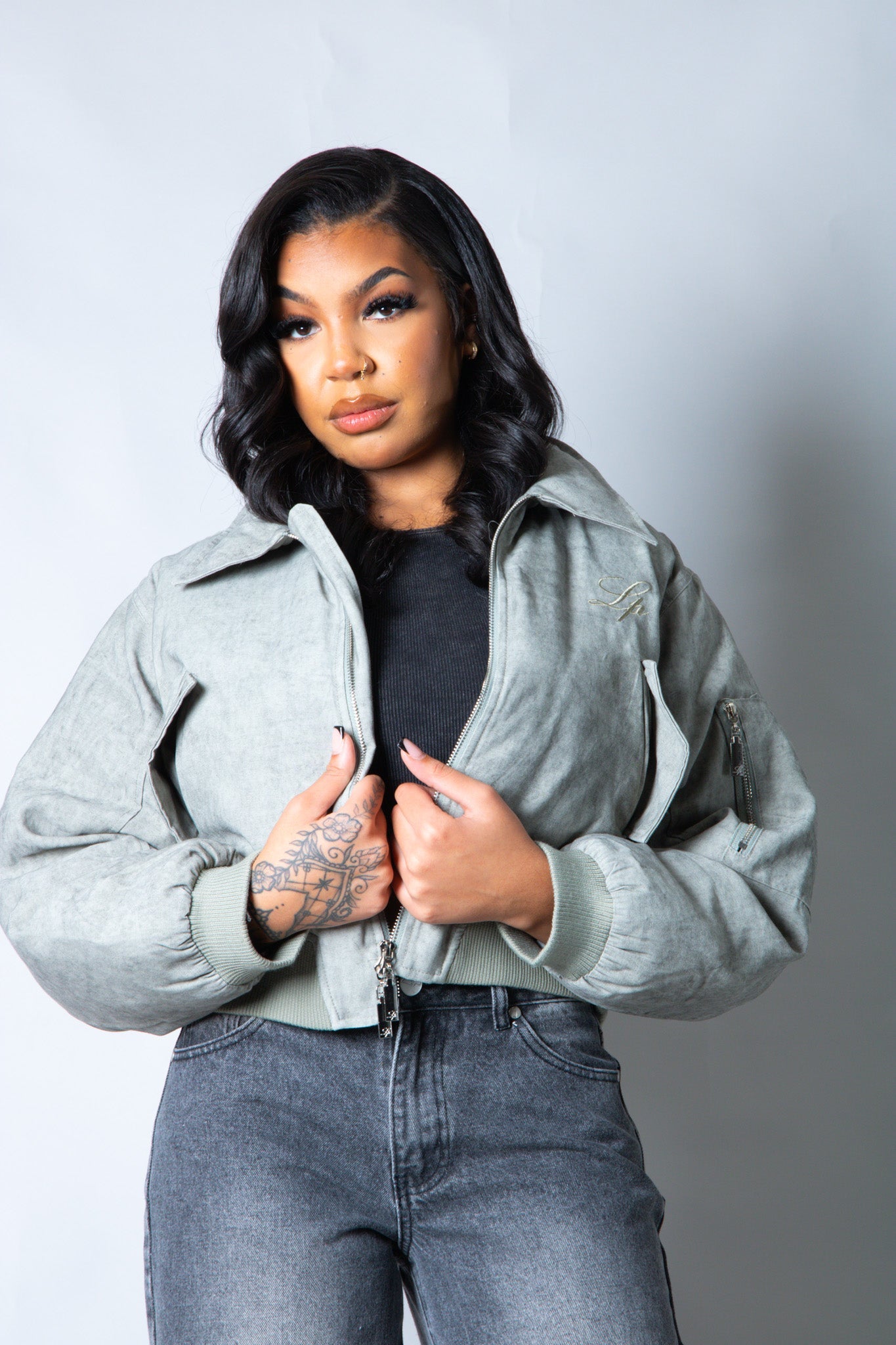 Roxy Oversized Nylon Bomber Jacket in Grey - Liquor n Poker