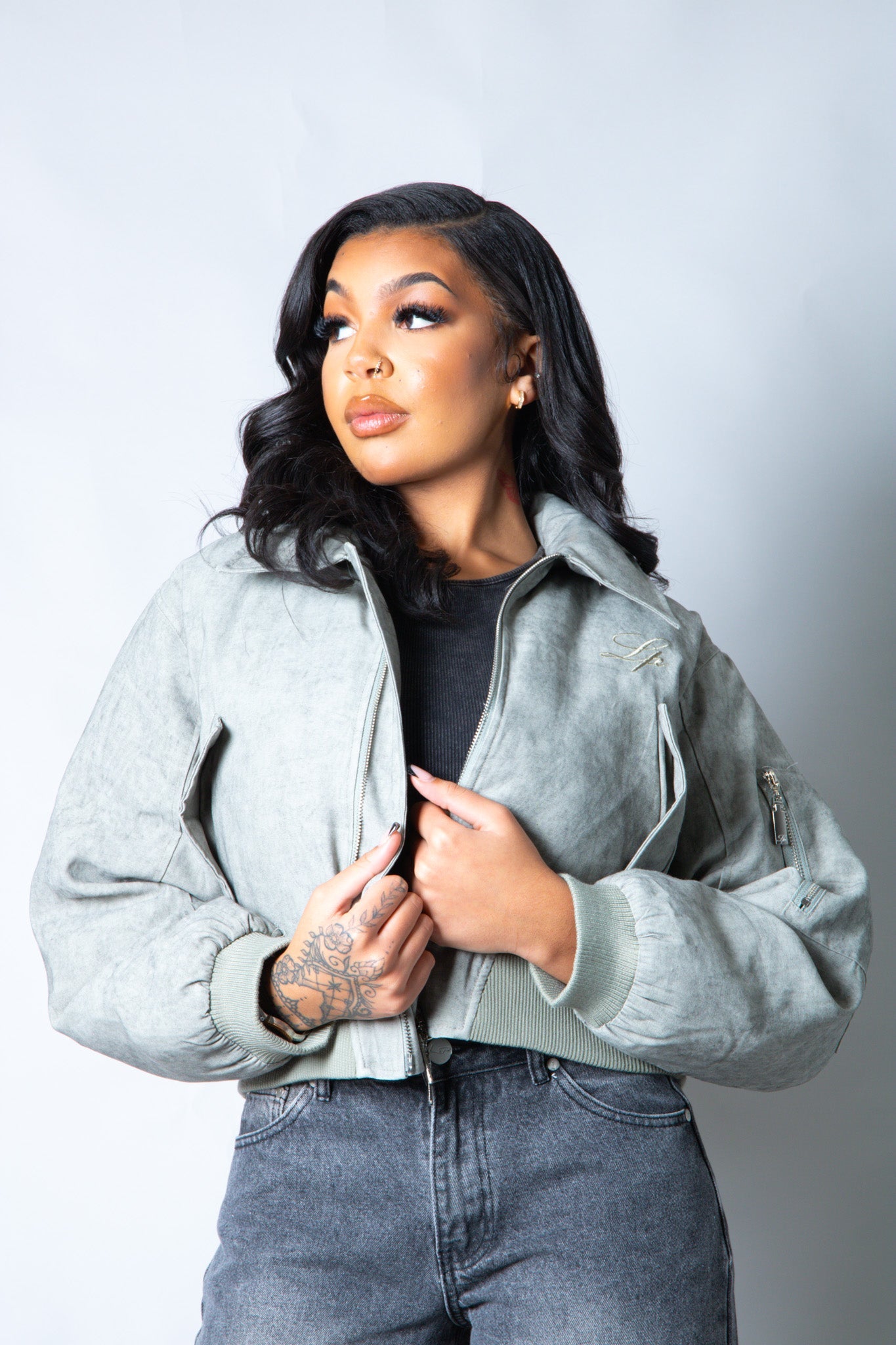 Roxy Oversized Nylon Bomber Jacket in Grey - Liquor n Poker