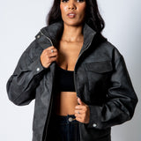 RYLA – Black Boxy Textured Faux Funnel Neck Jacket - Liquor n Poker