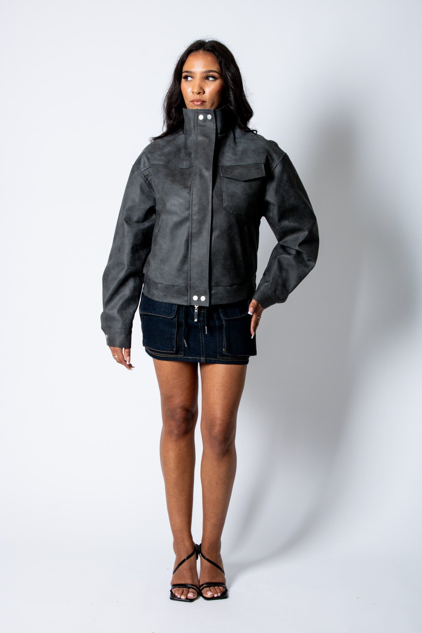 RYLA – Black Boxy Textured Faux Funnel Neck Jacket - Liquor n Poker