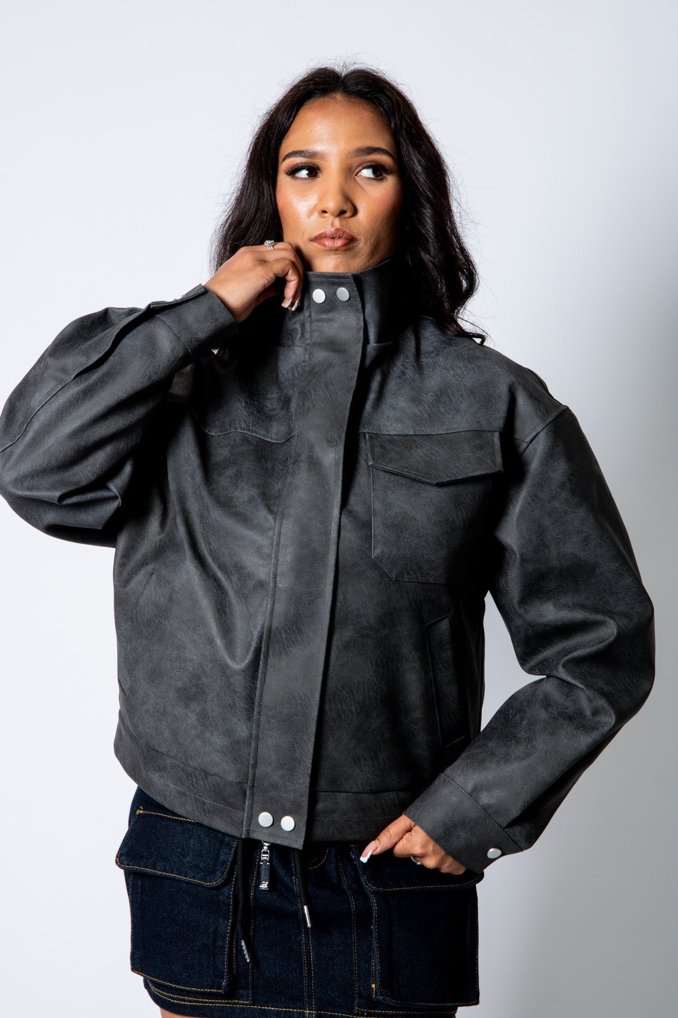 RYLA – Black Boxy Textured Faux Funnel Neck Jacket - Liquor n Poker