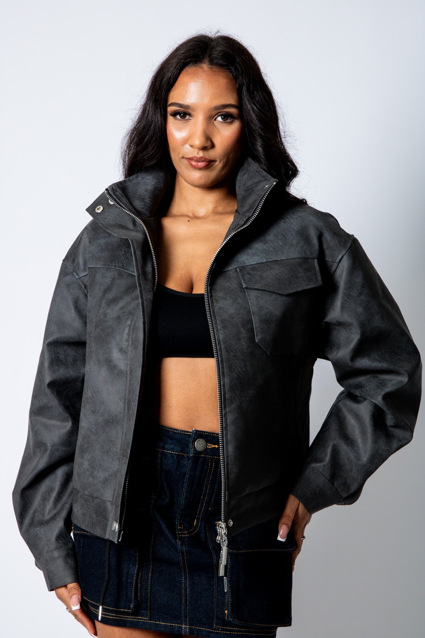 RYLA – Black Boxy Textured Faux Funnel Neck Jacket - Liquor n Poker