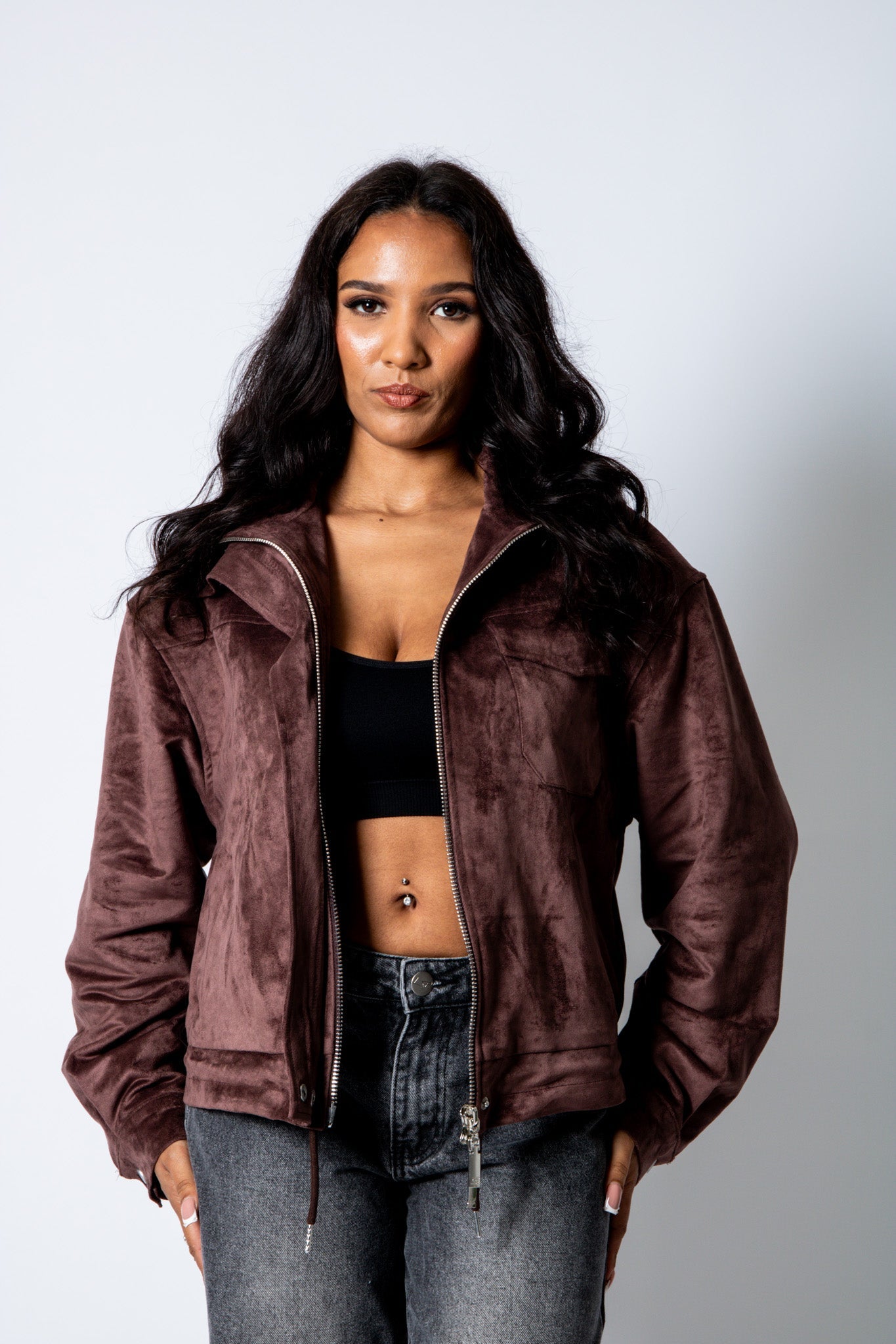 RYLA – Brown Boxy Suede Funnel Neck Jacket - Liquor n Poker