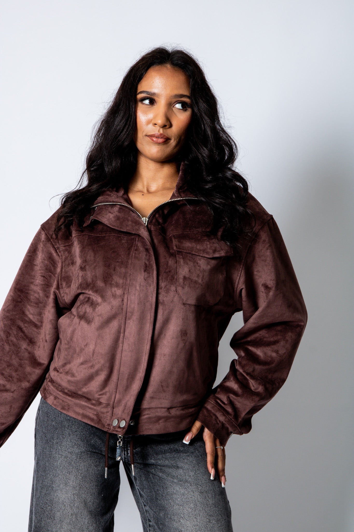 RYLA – Brown Boxy Suede Funnel Neck Jacket - Liquor n Poker