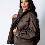 RYLA – Brown Boxy Textured Faux Funnel Neck Jacket - Liquor n Poker