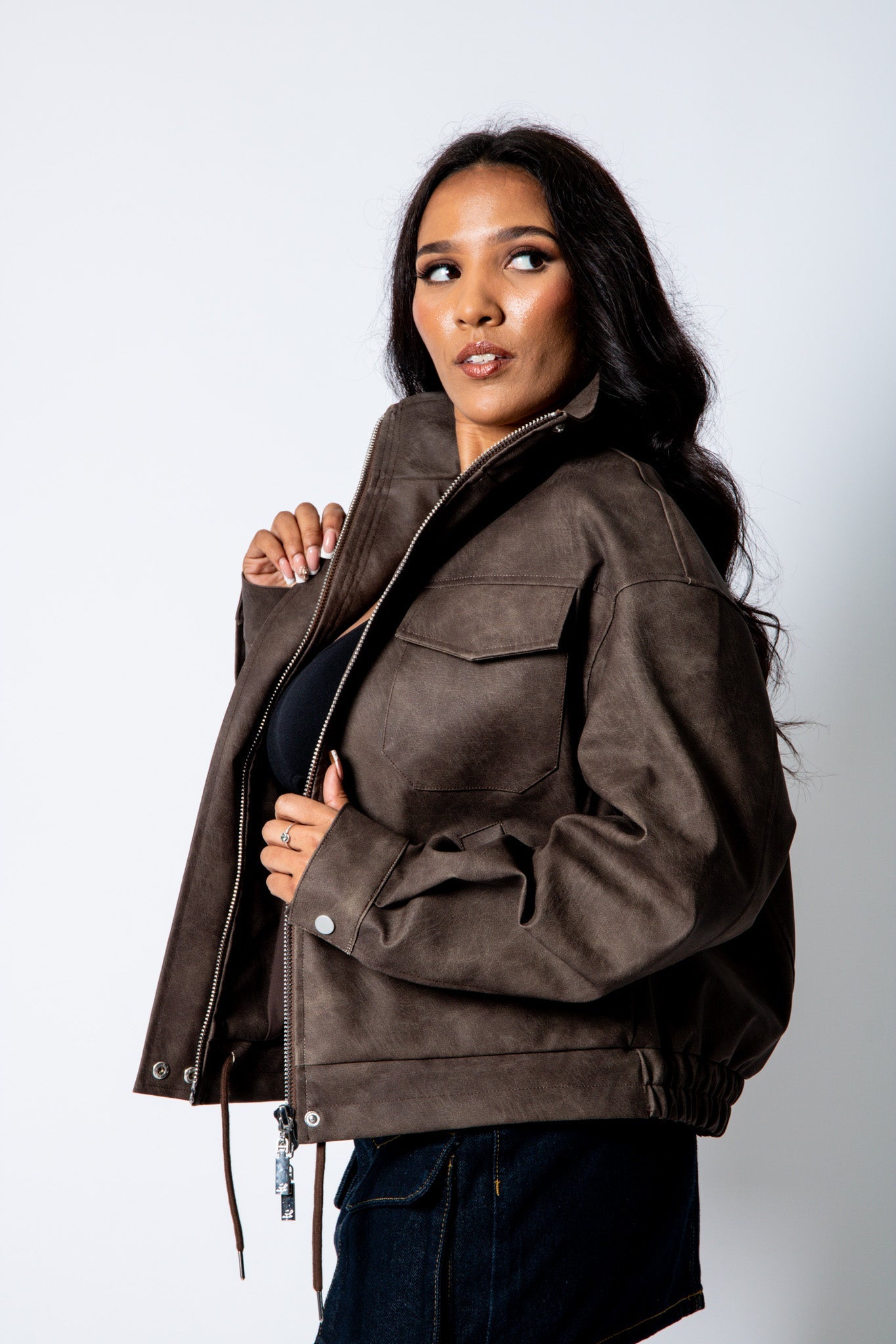 RYLA – Brown Boxy Textured Faux Funnel Neck Jacket - Liquor n Poker