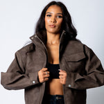 RYLA – Brown Boxy Textured Faux Funnel Neck Jacket - Liquor n Poker