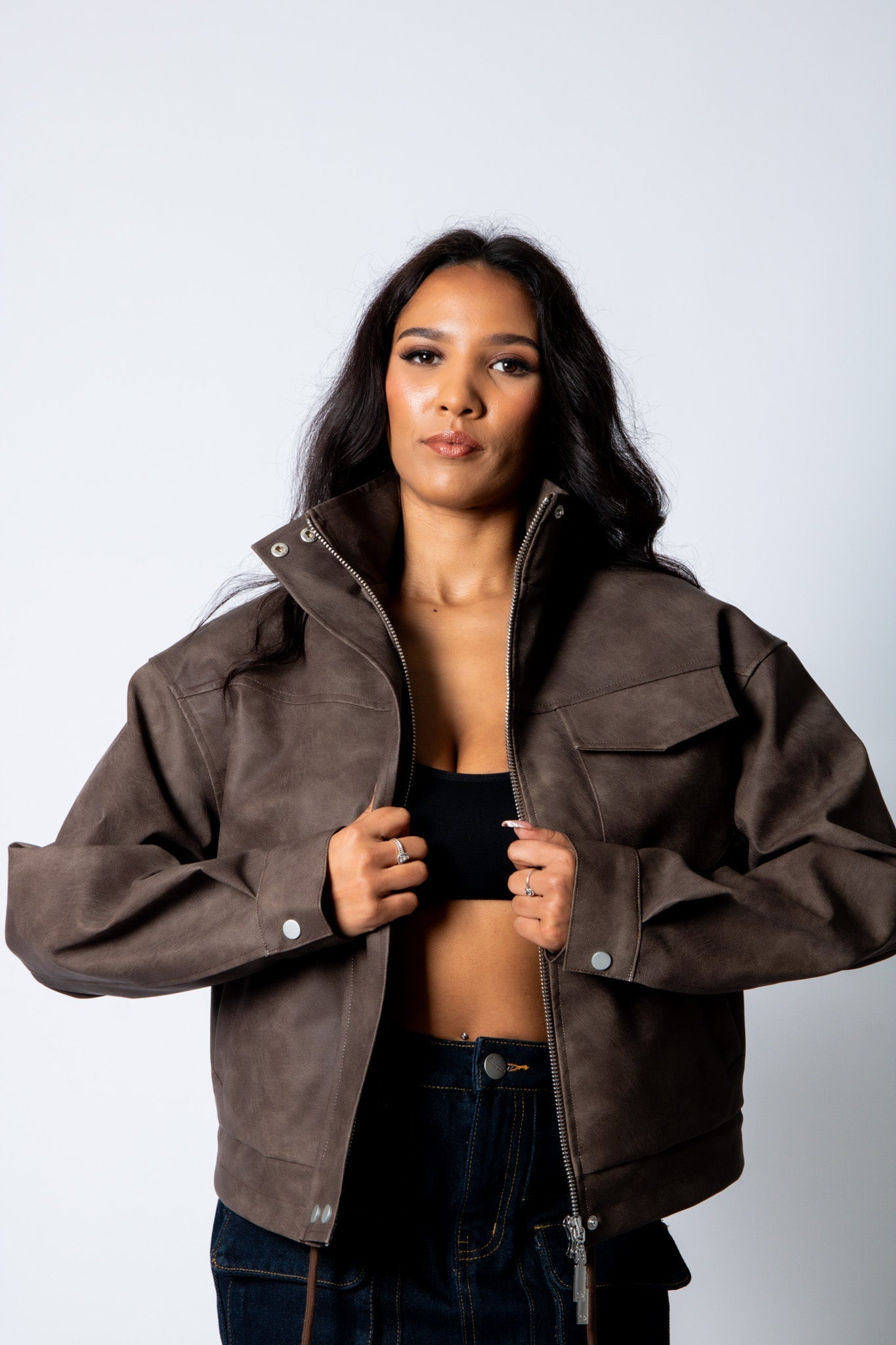 RYLA – Brown Boxy Textured Faux Funnel Neck Jacket - Liquor n Poker