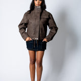 RYLA – Brown Boxy Textured Faux Funnel Neck Jacket - Liquor n Poker