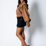 RYLA – Tan Cropped Suede Bomber Jacket with Ribbed Hem - Liquor n Poker