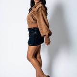 RYLA – Tan Cropped Suede Bomber Jacket with Ribbed Hem - Liquor n Poker