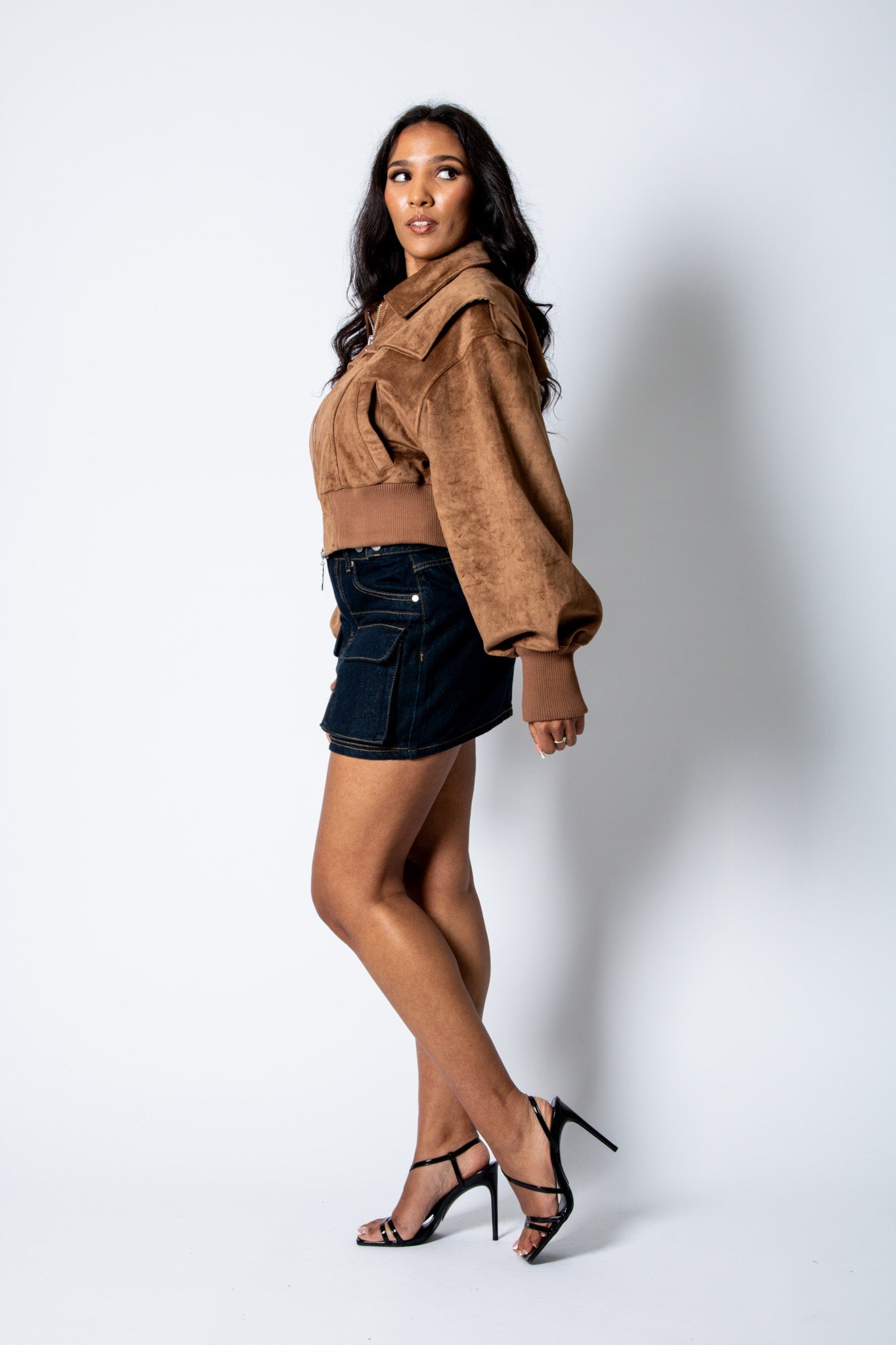 RYLA – Tan Cropped Suede Bomber Jacket with Ribbed Hem - Liquor n Poker