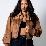 RYLA – Tan Cropped Suede Bomber Jacket with Ribbed Hem - Liquor n Poker