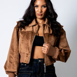 RYLA – Tan Cropped Suede Bomber Jacket with Ribbed Hem - Liquor n Poker