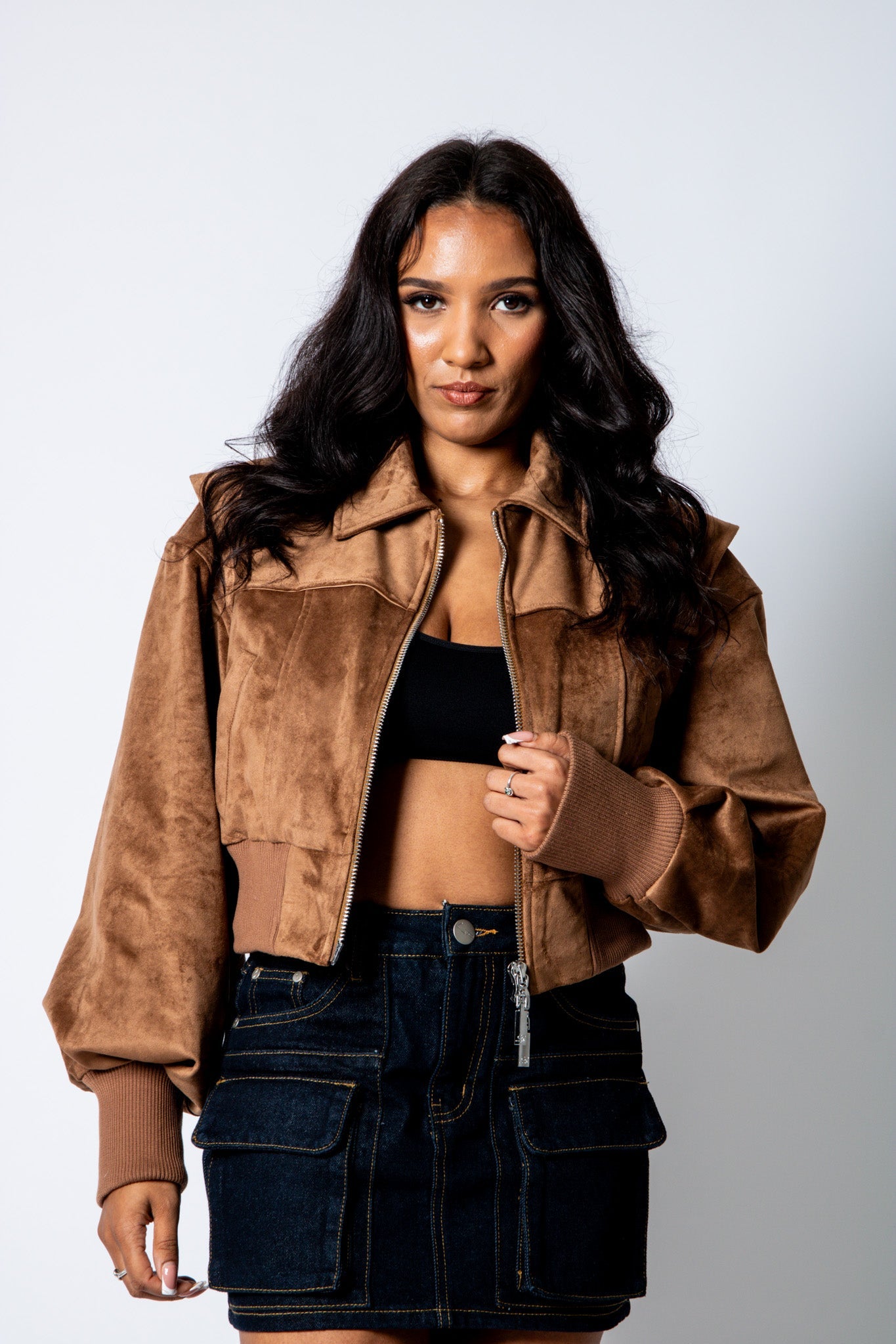 RYLA – Tan Cropped Suede Bomber Jacket with Ribbed Hem - Liquor n Poker