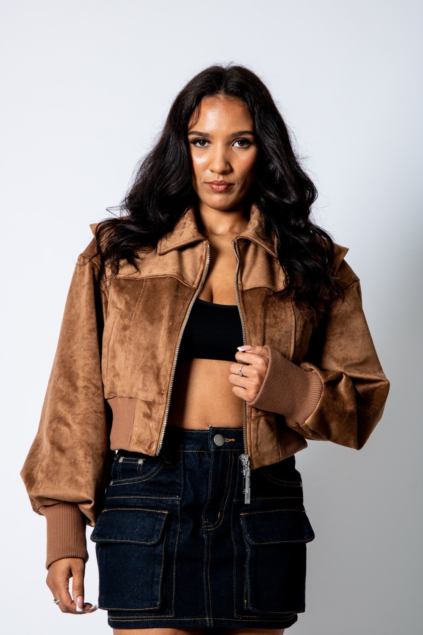 RYLA – Tan Cropped Suede Bomber Jacket with Ribbed Hem - Liquor n Poker