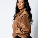 RYLA – Tan Cropped Suede Bomber Jacket with Ribbed Hem - Liquor n Poker