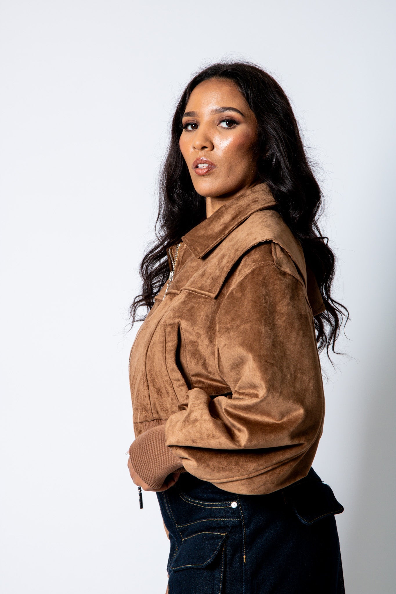 RYLA – Tan Cropped Suede Bomber Jacket with Ribbed Hem - Liquor n Poker