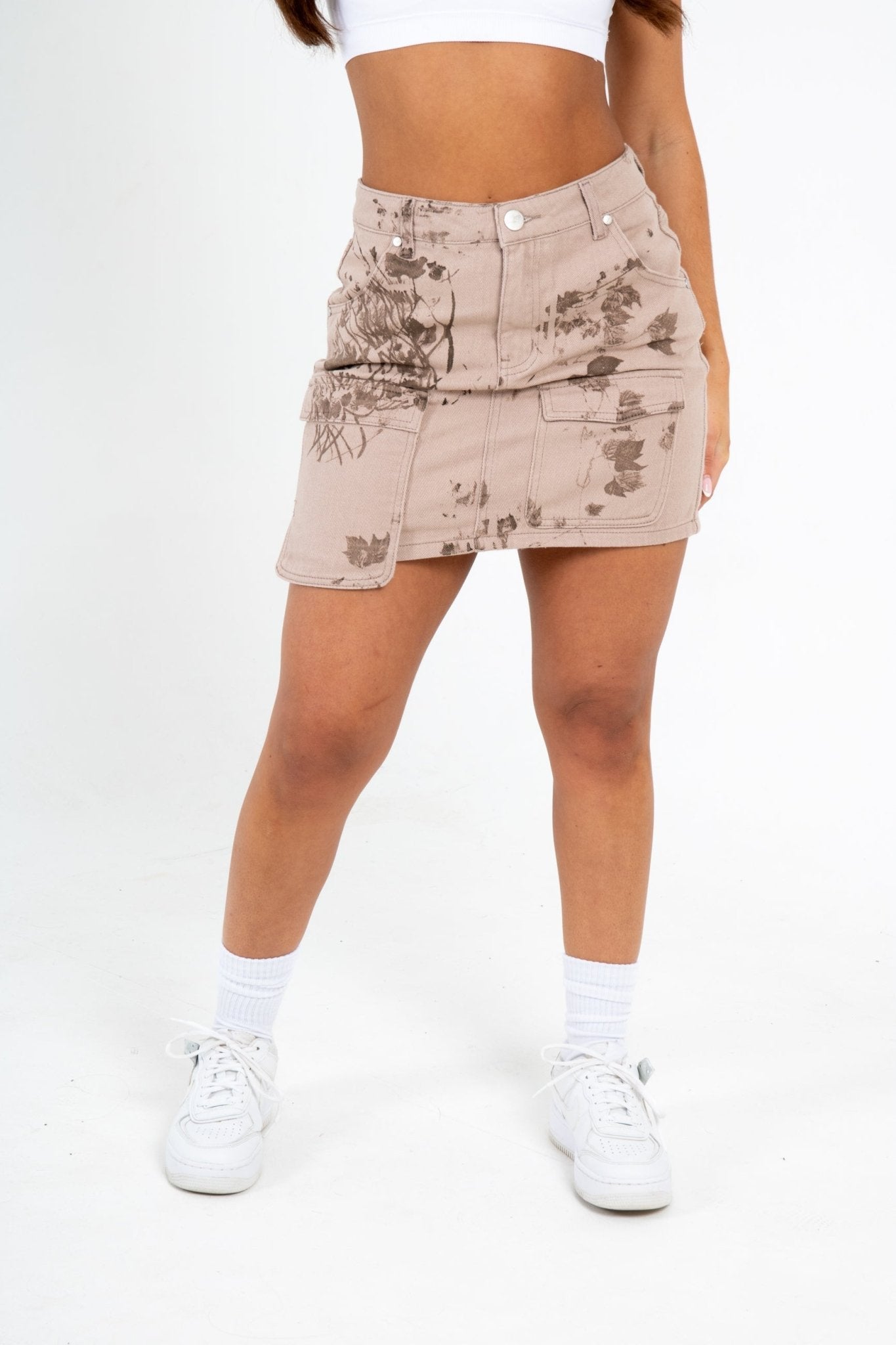 Sand & Brown Floral Twill Mini Skirt - Liquor n Poker