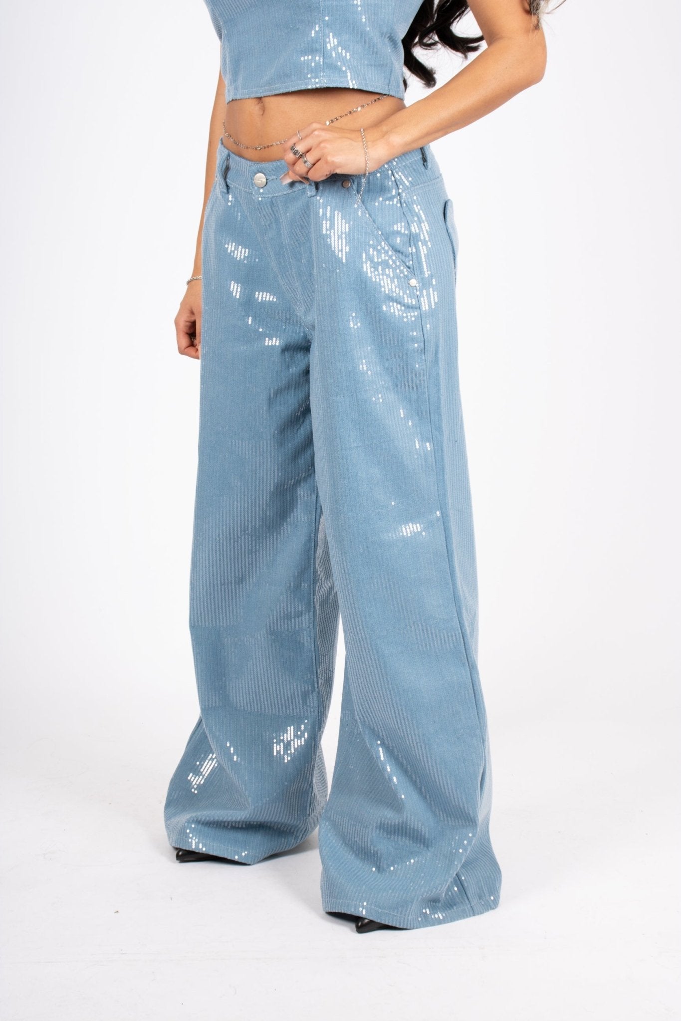 Sequin Blue Denim Baggy Heart Pocket Jean - Liquor n Poker