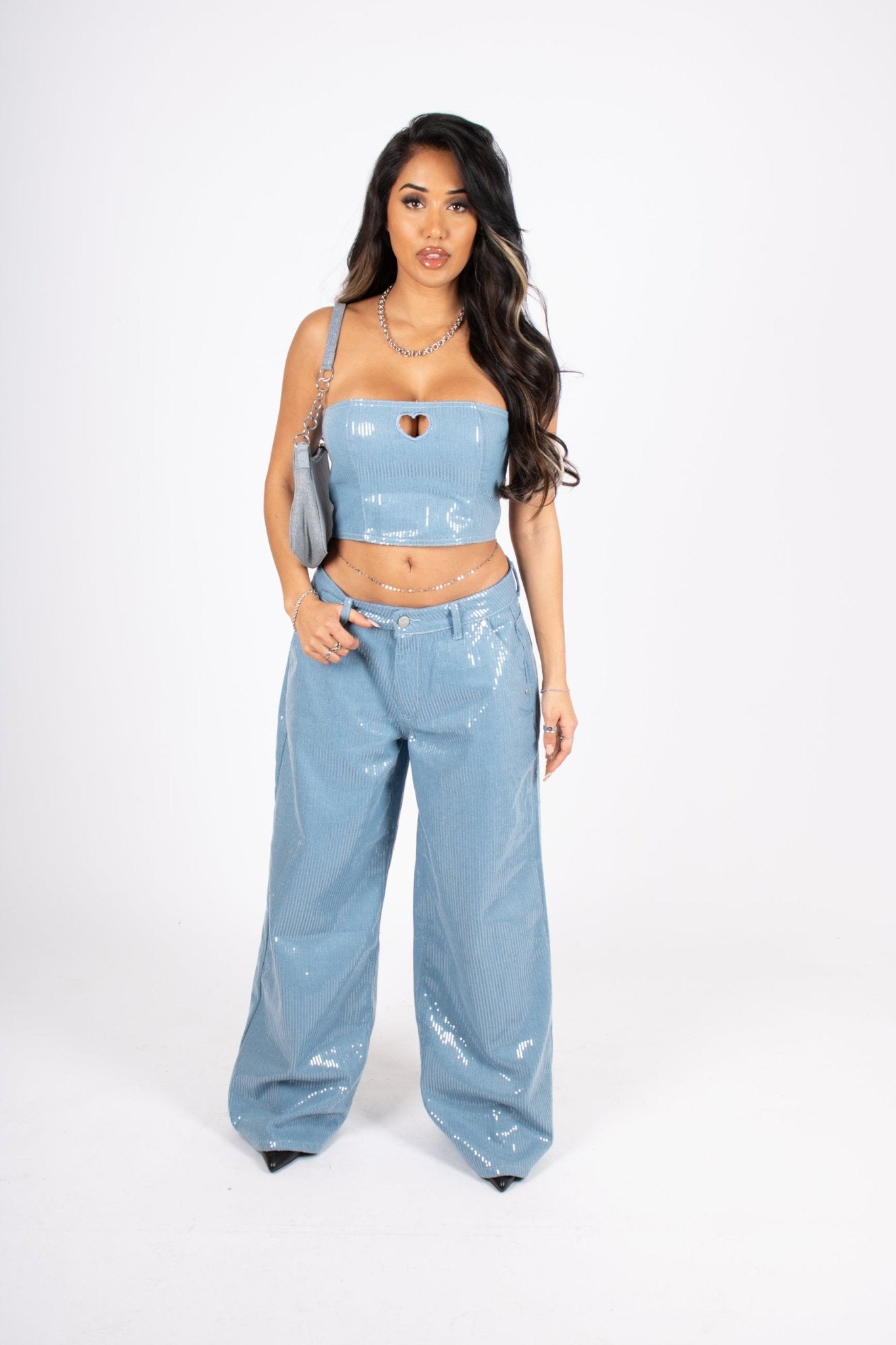 Sequin Blue Denim Baggy Heart Pocket Jean - Liquor n Poker