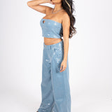 Sequin Blue Denim Bandeau Cut Out Heart Crop Top - Liquor n Poker