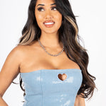 Sequin Blue Denim Bandeau Cut Out Heart Crop Top - Liquor n Poker