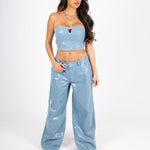 Sequin Blue Denim Bandeau Cut Out Heart Crop Top - Liquor n Poker