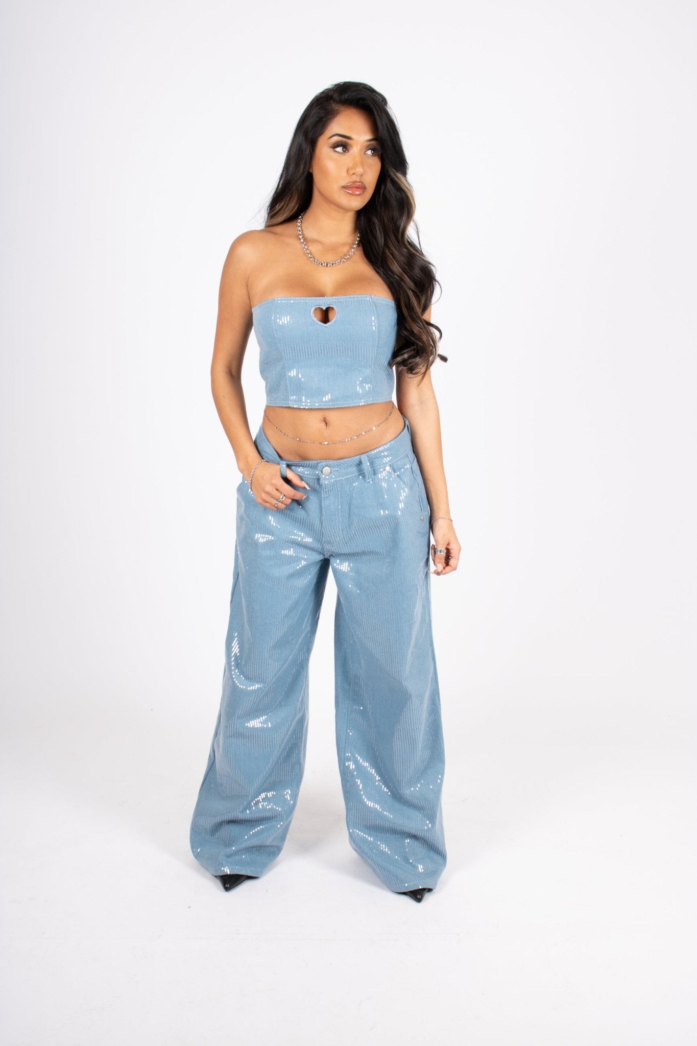 Sequin Blue Denim Bandeau Cut Out Heart Crop Top - Liquor n Poker