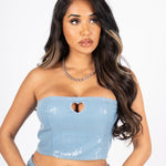 Sequin Blue Denim Bandeau Cut Out Heart Crop Top - Liquor n Poker