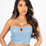 Sequin Blue Denim Bandeau Cut Out Heart Crop Top - Liquor n Poker