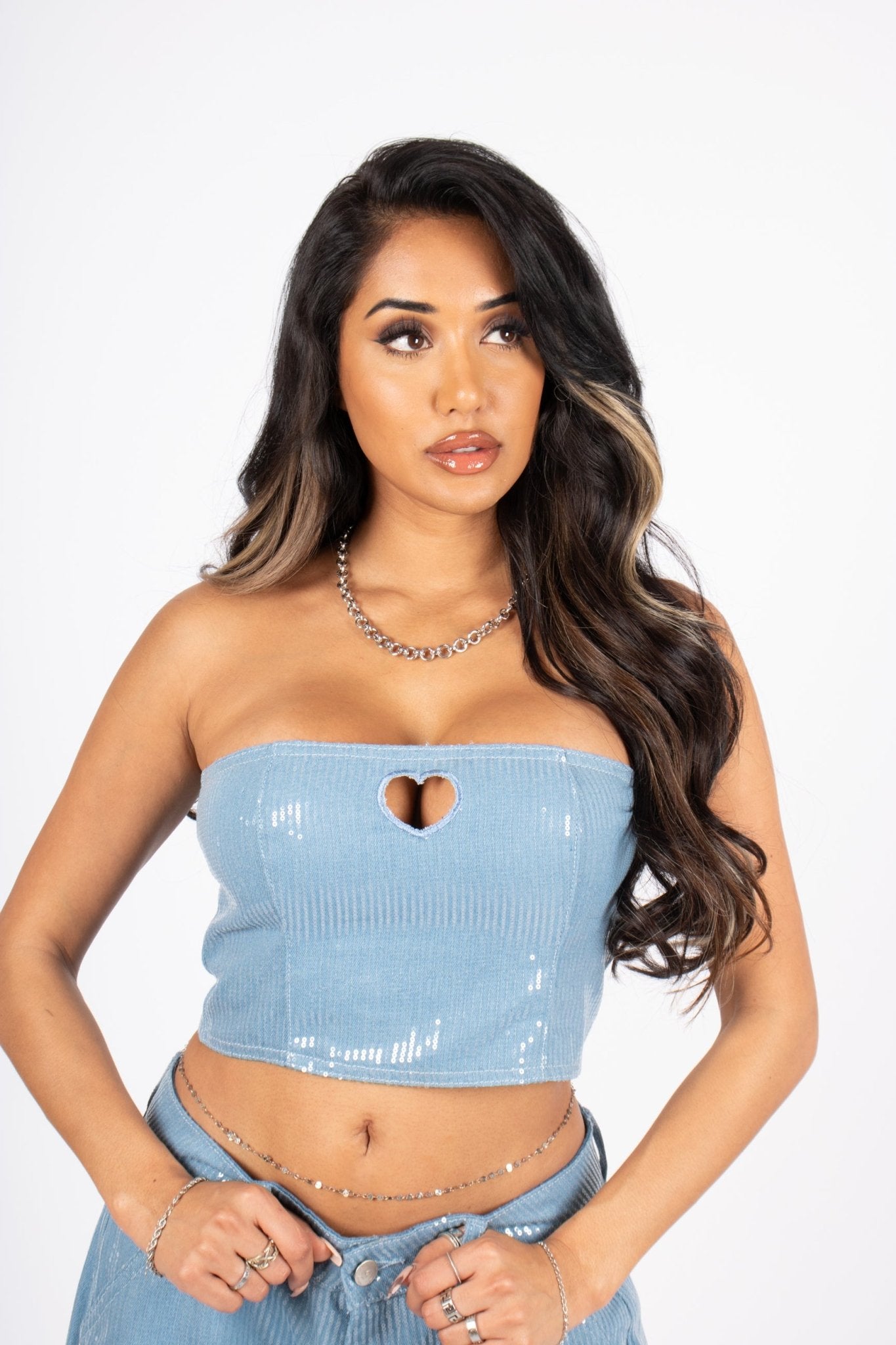 Sequin Blue Denim Bandeau Cut Out Heart Crop Top - Liquor n Poker