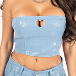 Sequin Blue Denim Bandeau Cut Out Heart Crop Top - Liquor n Poker