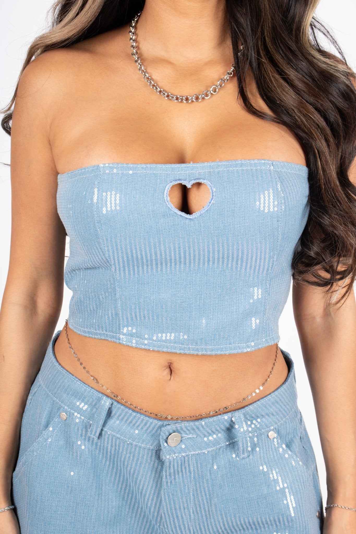 Sequin Blue Denim Bandeau Cut Out Heart Crop Top - Liquor n Poker