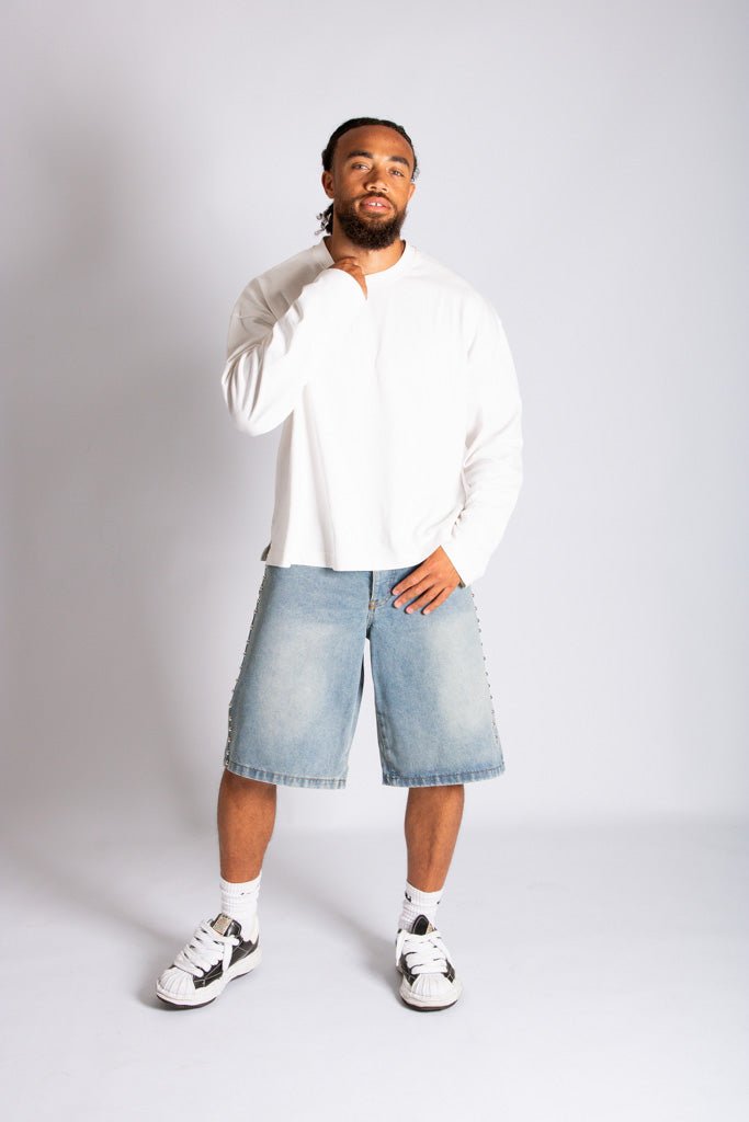 Side Stud Detail Denim Jorts in Dirty Wash - Liquor n Poker