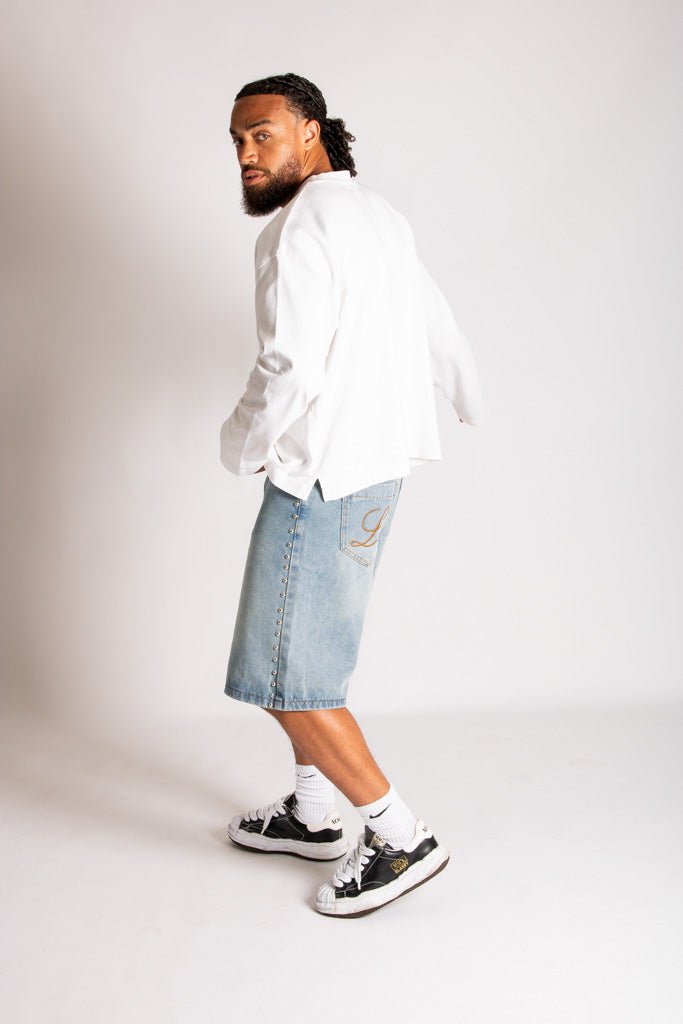Side Stud Detail Denim Jorts in Dirty Wash - Liquor n Poker
