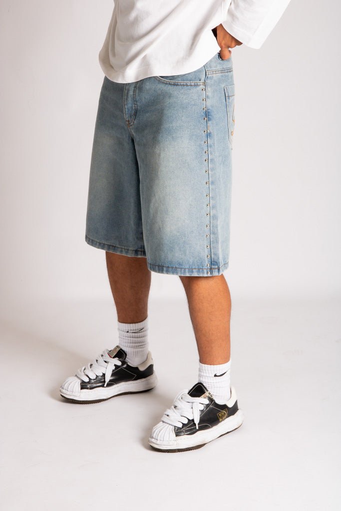 Side Stud Detail Denim Jorts in Dirty Wash - Liquor n Poker