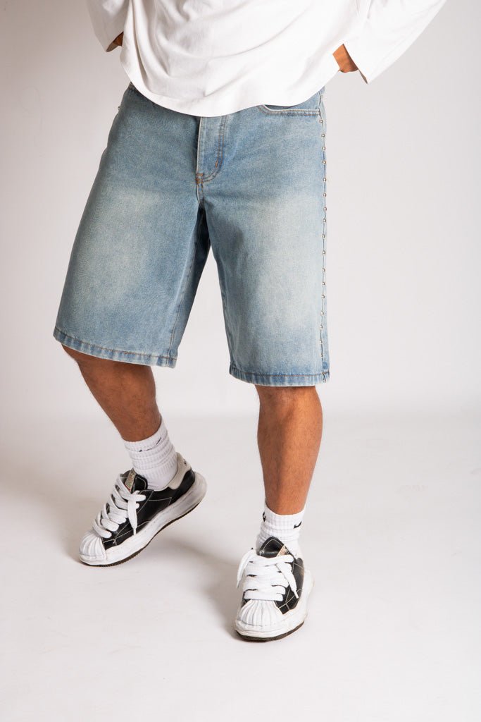Side Stud Detail Denim Jorts in Dirty Wash - Liquor n Poker