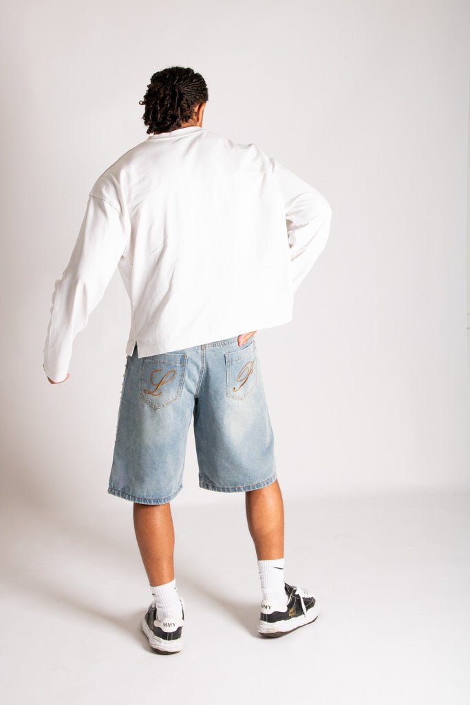 Side Stud Detail Denim Jorts in Dirty Wash - Liquor n Poker