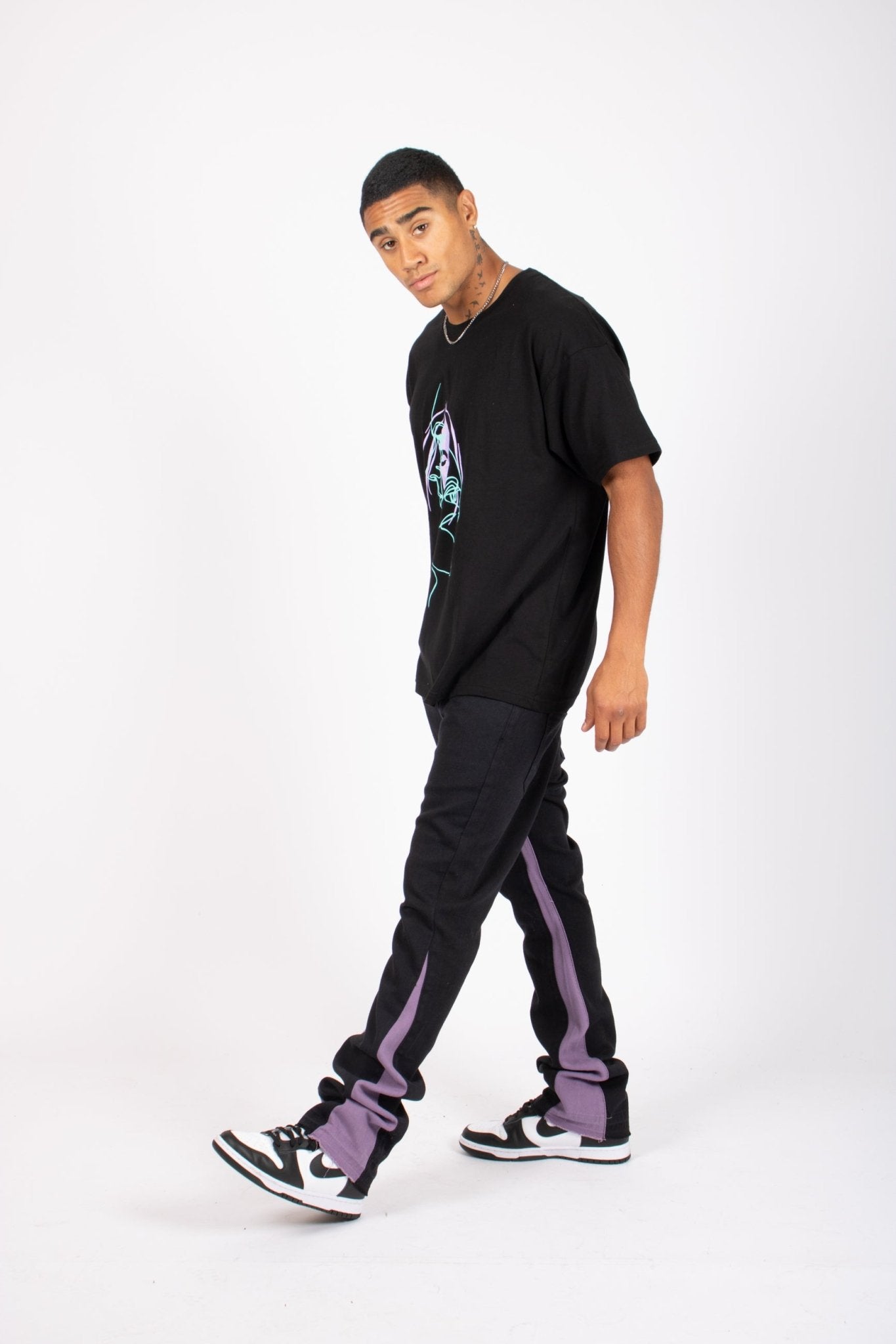 Slim Stacked Flare Spliced Jean In Black And Lilac - Liquor n Poker