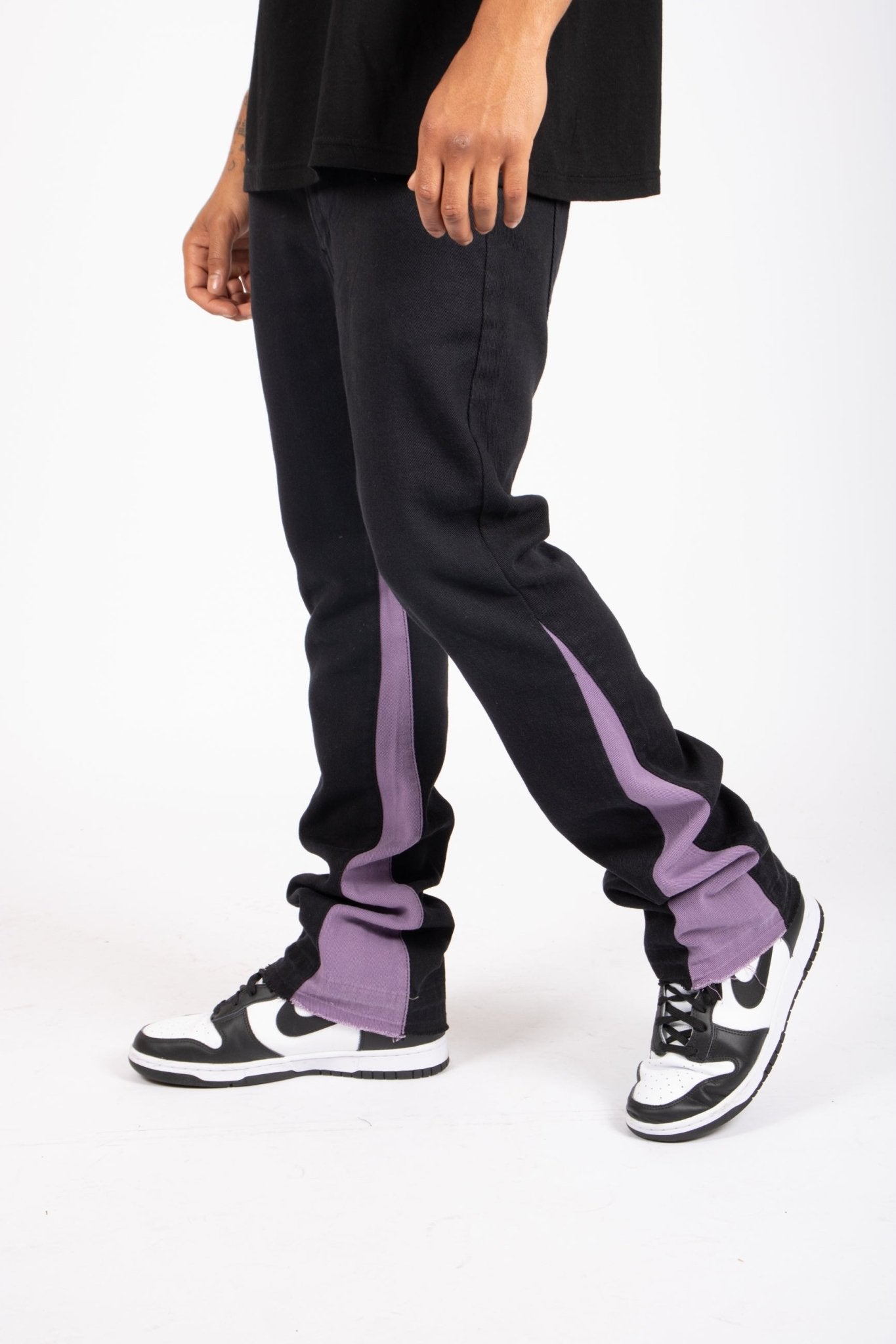 Slim Stacked Flare Spliced Jean In Black And Lilac - Liquor n Poker