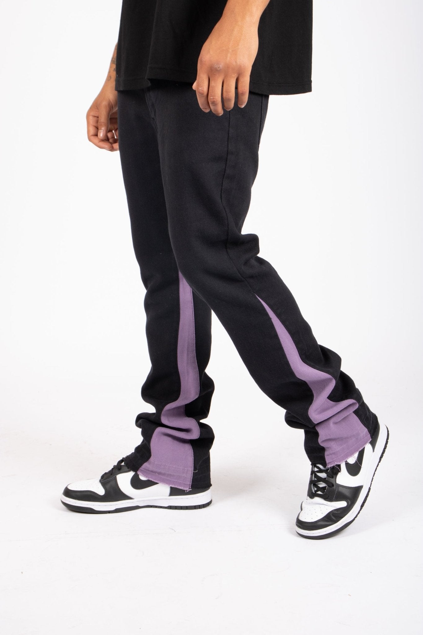 Slim Stacked Flare Spliced Jean In Black And Lilac - Liquor n Poker